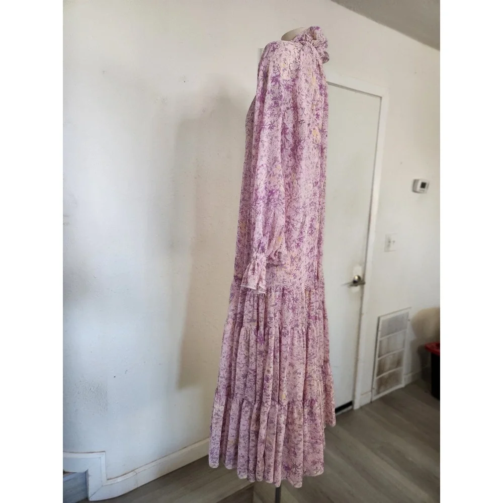 Free People Lavender Floral Tiered Boho Maxi Dress Long Sleeve Ruffle Neck XS - Picture 7 of 12